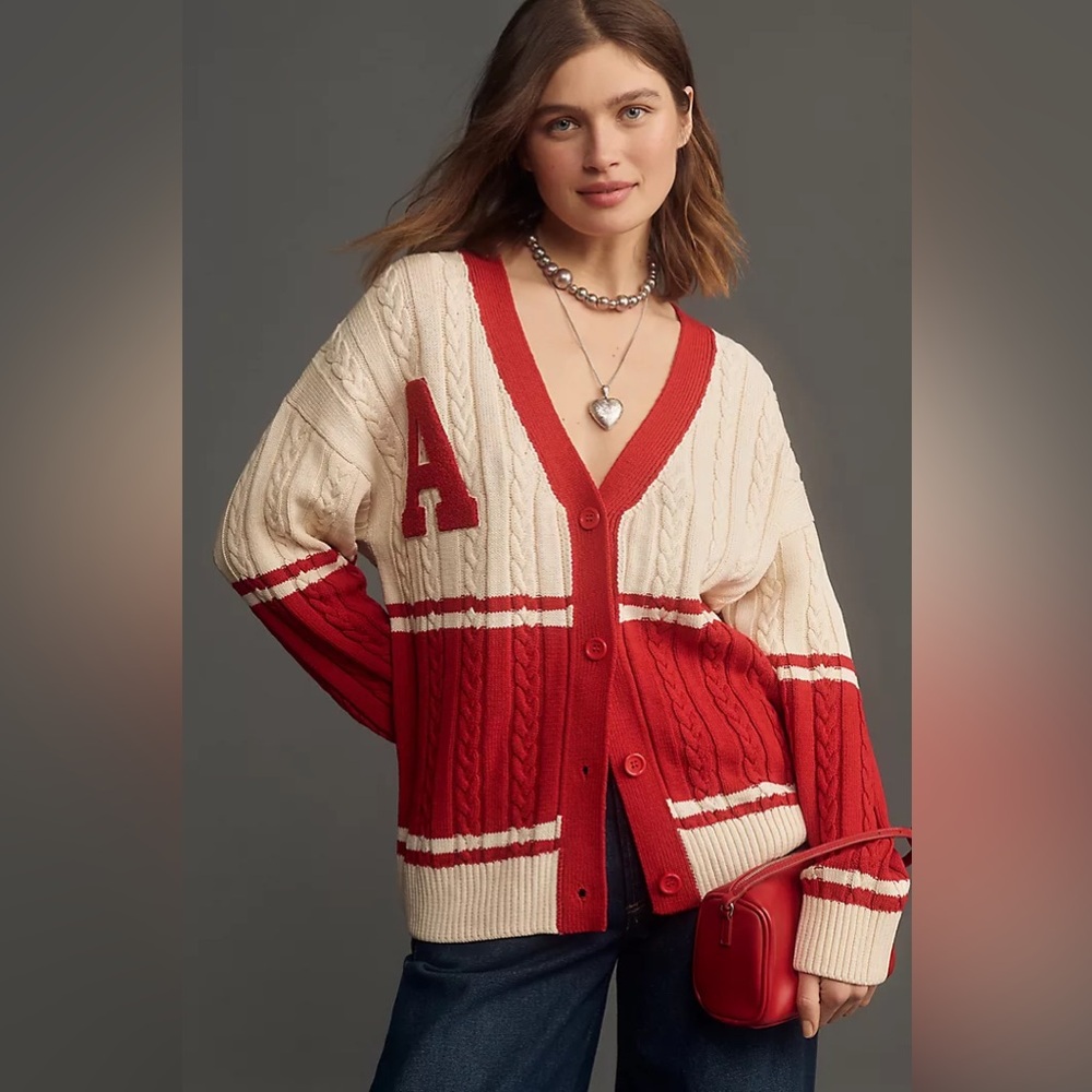 New RARE Maeve x Anthropologie Oversized GREASE Varsity Cardigan Sweater sz S